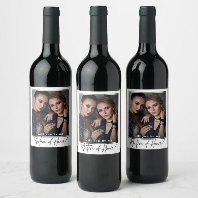 Minimalist Modern Photo Matron of Honor Proposal  Wine Label (Bottles)