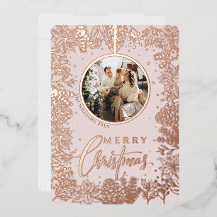 Minimalist Modern Photo Pink Christmas Foil Holiday Card