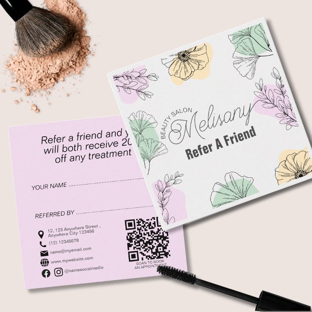 Minimalist Modern Pink Gold Green Floral Line Art Referral Card (Creator Uploaded)