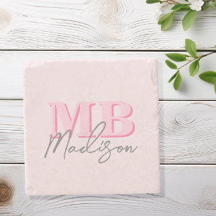 Minimalist Modern Pink Initial Monogram Stone Coaster