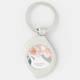 Minimalist Modern Pink Peonie Floral Watercolor Keychain
