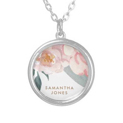 Minimalist Modern Pink Peonie Floral Watercolor Silver Plated Necklace