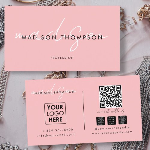 Minimalist Modern Pink QR Code Social Media Logo Business Card