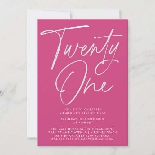 Minimalist Modern Pink Script 21st Birthday  Invitation