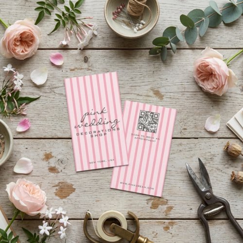 Minimalist Modern Pink Stripes Pattern Script Business Card