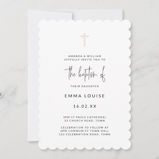 Minimalist Modern Pink Watercolor Baptism Scallop  Invitation (Front)