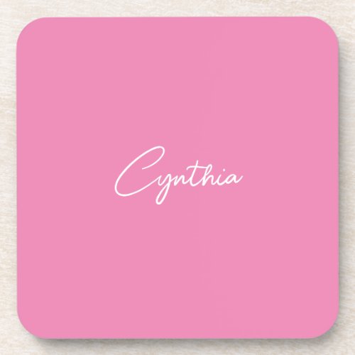  Minimalist Modern Plain Calligraphy Add Name Pink Beverage Coaster
