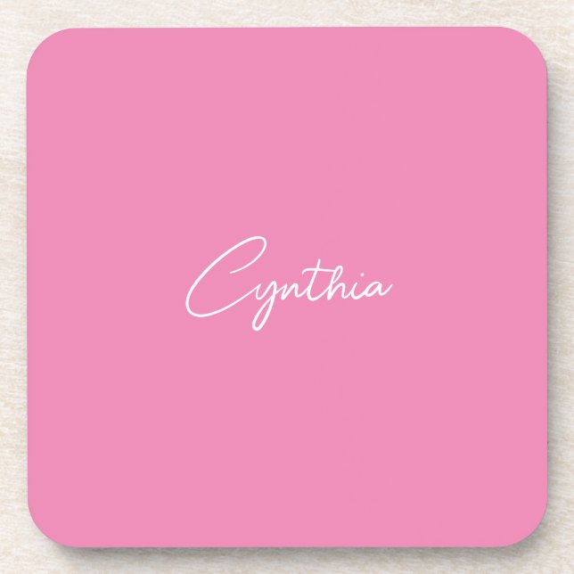  Minimalist Modern Plain Calligraphy Add Name Pink Beverage Coaster (Front)