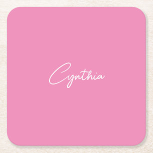 Minimalist Modern Plain Calligraphy Add Name Pink Square Paper Coaster