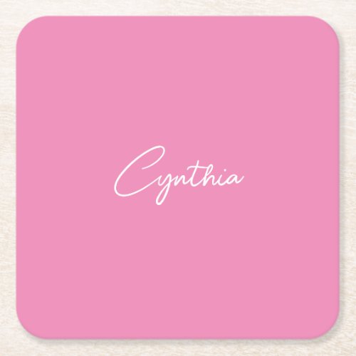  Minimalist Modern Plain Calligraphy Add Name Pink Square Paper Coaster