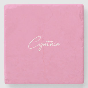 Minimalist Modern Plain Calligraphy Add Name Pink Stone Coaster