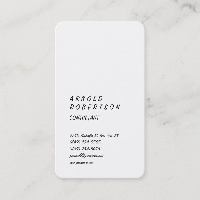 Minimalist Modern Plain Simple Vertical White Business Card (Front)
