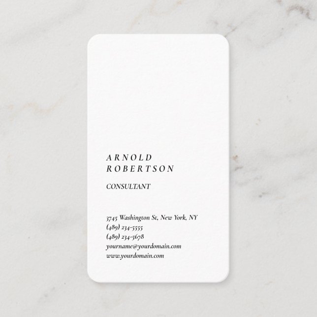 Minimalist Modern Plain Simple Vertical White Business Card (Front)