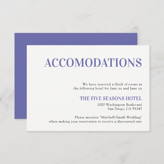 Minimalist Modern Purple Wedding Accommodation Enclosure Card (Front/Back)