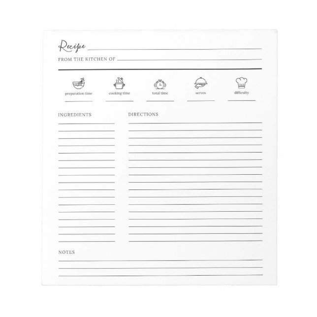 Minimalist Modern Recipe Sheet Cookbook Page Notepad (Front)