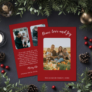 Minimalist Modern Red 3Photo Peace Joy Love Update Holiday Card