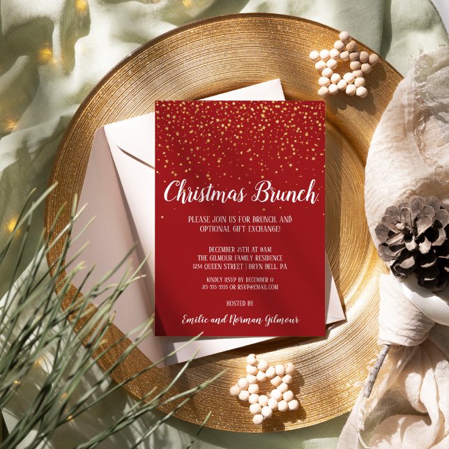 Minimalist Modern Red Christmas Brunch Gold  Foil Invitation (Creator Uploaded)