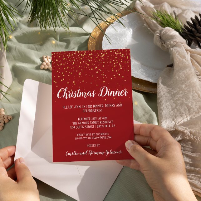 Minimalist Modern Red Christmas Dinner Gold  Foil Invitation (Creator Uploaded)