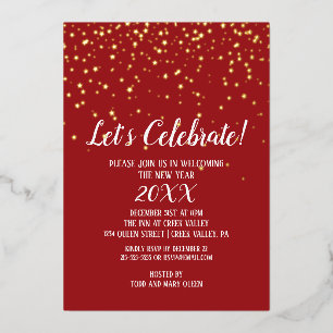 Minimalist Modern Red Confetti New Year's Gold  Foil Invitation