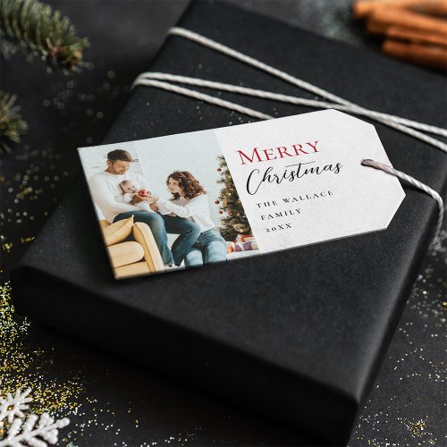 Minimalist Modern Red Merry Christmas Script Photo Gift Tags