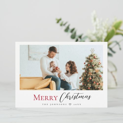 Minimalist Modern Red Merry Christmas Script Photo Holiday Card