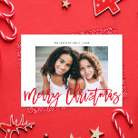 Minimalist Modern Red Script Merry Christmas Photo Holiday Card<br><div class="desc">This modern yet elegant holiday photo card features a single horizontal photo over a classic white background with a greeting in red script which says "Merry Christmas". The back of the card is a coordinating red color, but can be customized if desired. You can also add another photo to the...</div>
