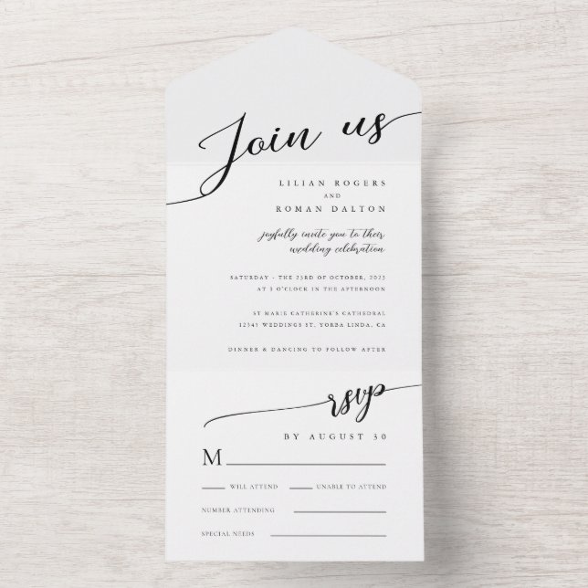 Minimalist Modern Romantic Script Wedding All In One Invitation (Inside)