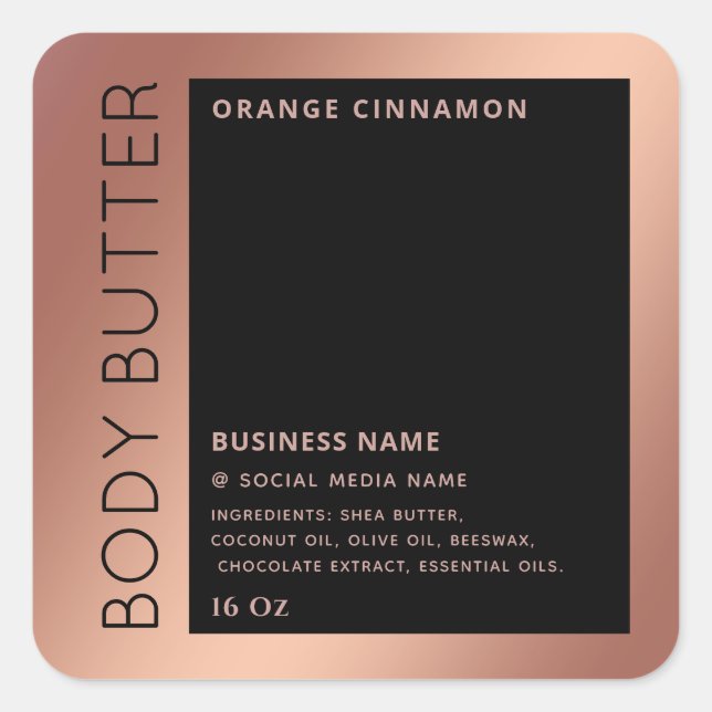 Minimalist modern rose gold black body butter square sticker (Front)