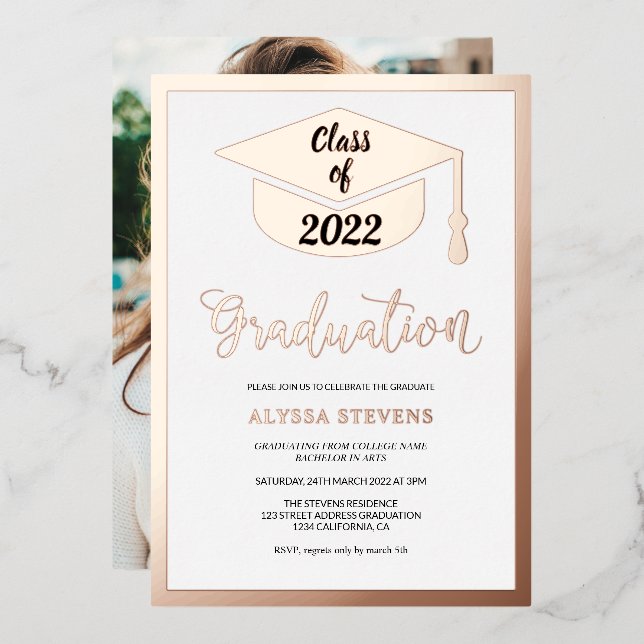 Minimalist modern rose gold graduation photo foil invitation (Front/Back)
