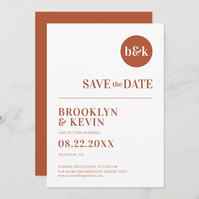 Minimalist Modern Rust Terracotta Wedding Monogram Save The Date (Front/Back)