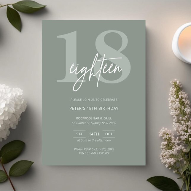 Minimalist Modern Sage 18th Birthday Party Invitation (Creator Uploaded)