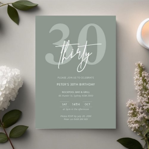 Minimalist Modern Sage 30th Birthday Party Invitation