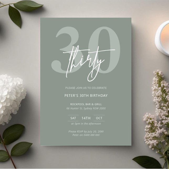 Minimalist Modern Sage 30th Birthday Party Invitation (Creator Uploaded)