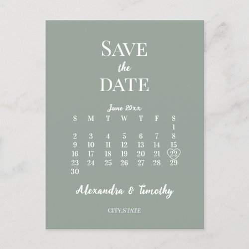 Minimalist Modern Sage Green Calendar Wedding Announcement Postcard