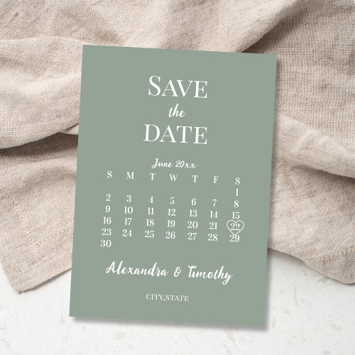 Minimalist Modern Sage Green Calendar Wedding Save The Date