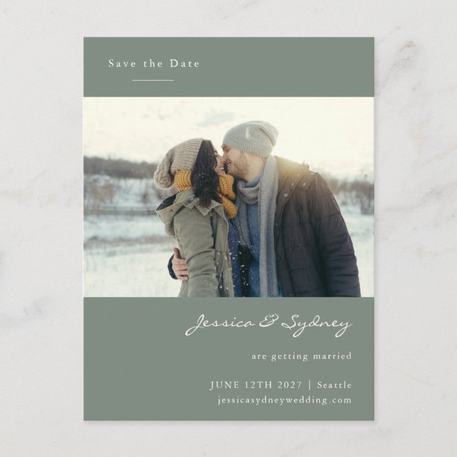 Minimalist Modern Sage Green Photo Save The Date Postcard (Front)