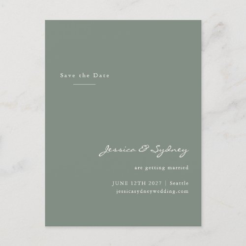 Minimalist Modern Sage Green Script Save The Date Postcard