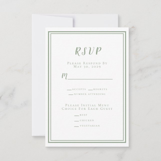 Minimalist Modern Sage Green White Wedding Classic RSVP Card (Front)