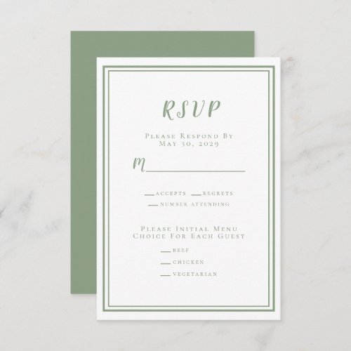 Minimalist Modern Sage Green White Wedding Classic RSVP Card