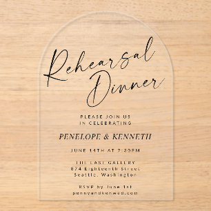 Minimalist Modern Script Arch Rehearsal Dinner Acrylic Invitations