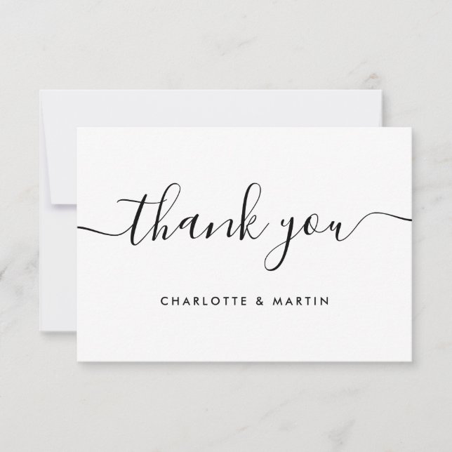 Minimalist Modern Script Black and White Thank You Card (Front)