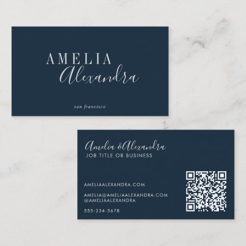 Minimalist Modern Script Boho Chic Navy Blue QR Business Card