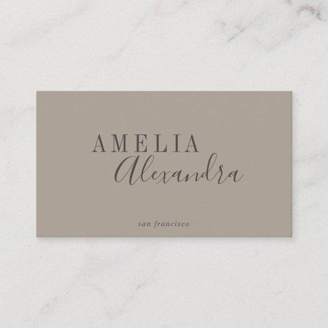 Minimalist Modern Script Boho Neutral Taupe Gray Business Card (Front)