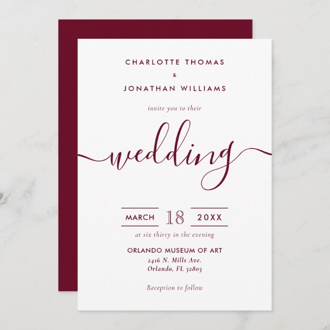 Minimalist Modern Script Burgundy Wedding Invitation (Front/Back)