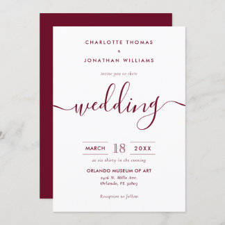 Minimalist Modern Script Burgundy Wedding Invitation