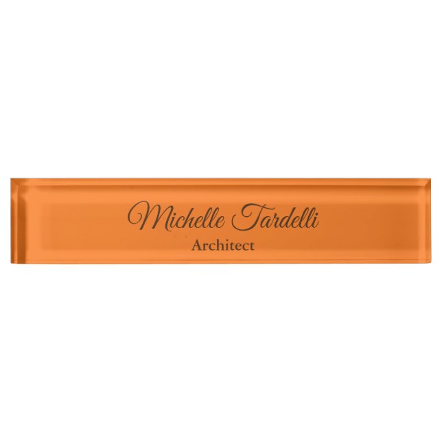 Minimalist Modern Script Calligraphy Orange Desk Name Plate (Front)