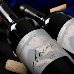 Minimalist modern script cheers photo wedding wine label