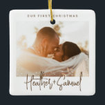 Minimalist Modern Script | Christmas Snow Photo Ceramic Ornament<br><div class="desc">Create your own photo keepsake with this Elegant Merry and Married Photo Holiday Ceramic Ornament. A simple and sophisticated design in chocolate brown and white featuring your custom text in fresh handwritten calligraphy and professional sans-serif font, horizontal or squared photo, snow frame, newlyweds name, celebration and year. No minimum order....</div>
