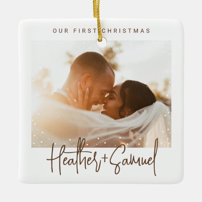 Minimalist Modern Script | Christmas Snow Photo Ceramic Ornament (Front)