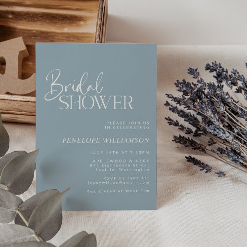 Minimalist Modern Script Dusty Blue Bridal Shower Invitation